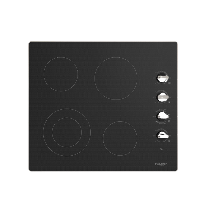 Fulgor Milano 24-Inch Distinto Built-In Electric Cooktop, 300 Series, 4 Cooking Zones, Manual Knob Control, Brushed Aluminum Trim