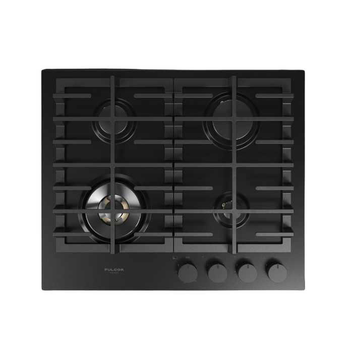 Fulgor Milano 24-Inch Matteo Built-In Gas Cooktop, 400 Series, 4 Brass Burners, 3 Sealed Burners, Powerful Dual Ring Wok Burner, Black Matte Porcelain Finish
