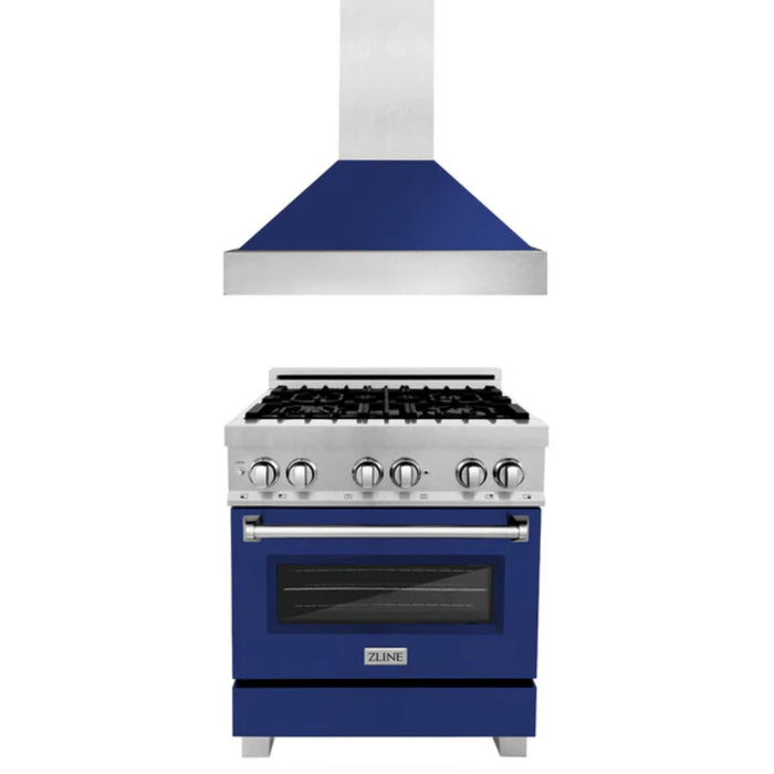 ZLINE 2-Piece Kitchen Package: Satin Stainless Steel Dual Fuel Range with Blue Gloss Door and Convertible Vent Range Hood