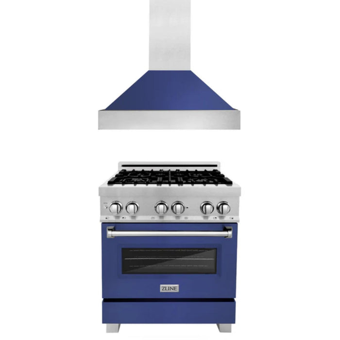 ZLINE 2-Piece Kitchen Package: Satin Stainless Steel Dual Fuel Range with Blue Matte Door and Convertible Vent Range Hood