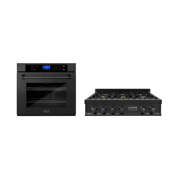 ZLINE 36-Inch Black Stainless Steel Gas Rangetop and 30-Inch Single Wall Oven Kitchen Package