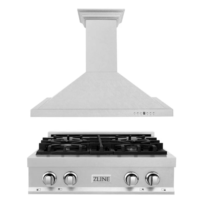 ZLINE 30-Inch Satin Stainless Steel Gas Rangetop and Convertible Vent Wall Mount Range Hood Kitchen Package