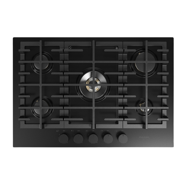 Fulgor Milano 30-Inch Matteo Built-In Gas Cooktop, 400 Series, 5 Brass Burners, 4 Sealed Burners, Powerful Central Dual Ring Wok Burner, Black Matte Porcelain Finish