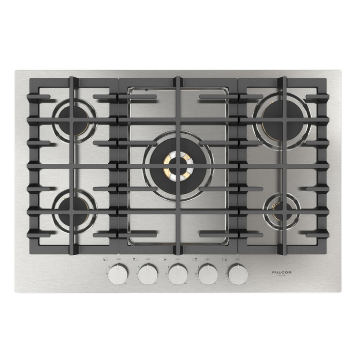 Fulgor Milano 30-Inch Matteo Built-In Gas Cooktop, 400 Series, 5 Brass Burners, 4 Sealed Burners, Powerful Central Dual Ring Wok Burner, Stainless Steel Finish