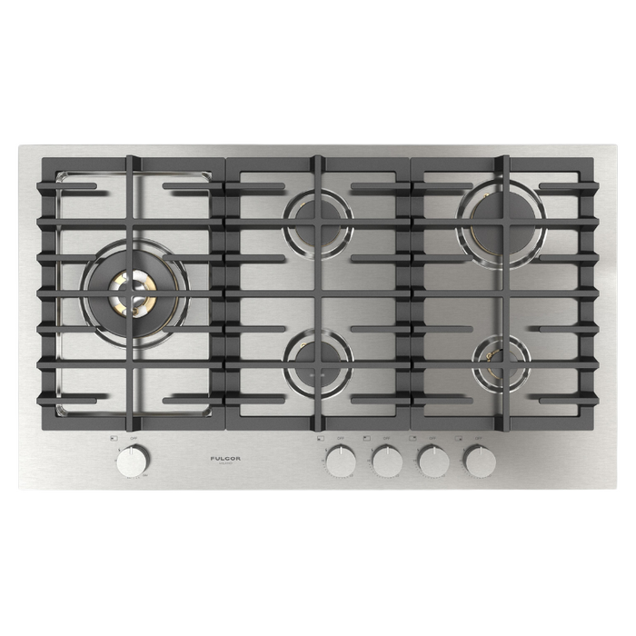 Fulgor Milano 36-Inch Matteo Built-In Gas Cooktop, 400 Series, 5 Brass Burners, 4 Sealed Burners, Powerful Dual Wok Burner on Left Side, Stainless Steel Finish