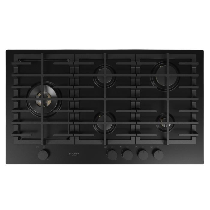 Fulgor Milano 36-Inch Matteo Built-In Gas Cooktop, 400 Series, 5 Brass Burners, 4 Sealed Burners, Powerful Dual Wok Burner on Left Side, Black Matte Porcelain Finish