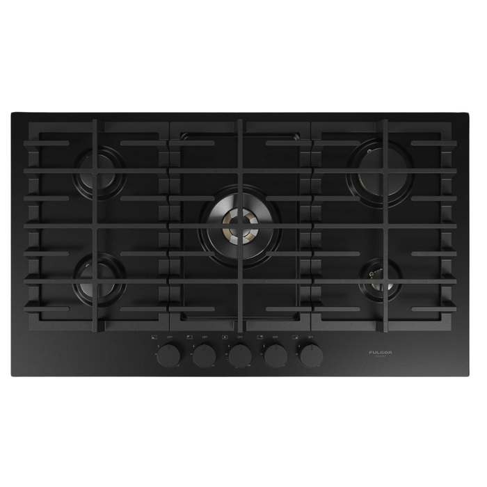 Fulgor Milano 36-Inch Matteo Built-In Gas Cooktop, 400 Series, 5 Brass Burners, 4 Sealed Burners, Powerful Central Dual Ring Wok Burner, Black Matte Porcelain Finish