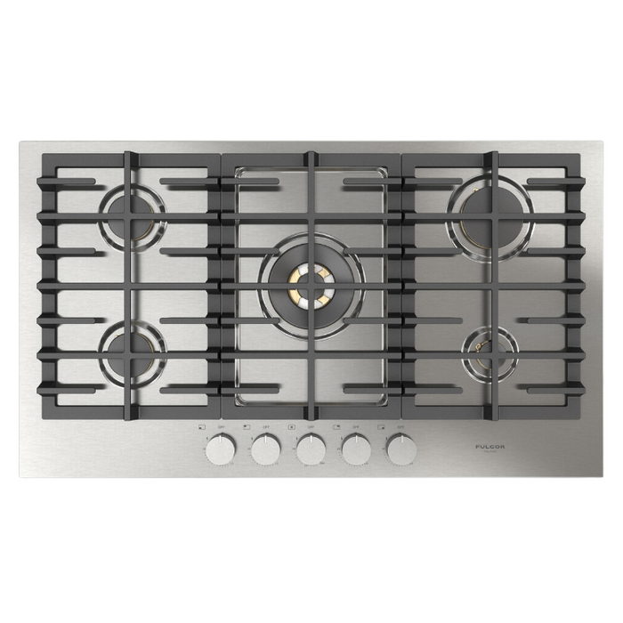 Fulgor Milano 36-Inch Matteo Built-In Gas Cooktop, 400 Series, 5 Brass Burners, 4 Sealed Burners, Powerful Central Dual Ring Wok Burner, Stainless Steel Finish