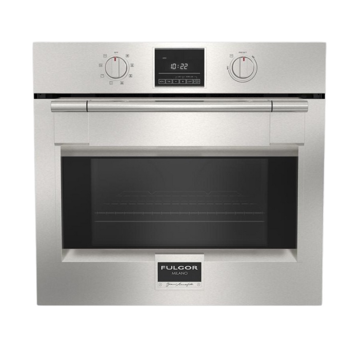 Fulgor Milano 30-Inch Pro Built-In Electric Single Oven, 600 Series, Self-Clean, Dual Convection, Multi-Pass Broiler, Soft-Close Door, 2 Standard Racks, 1 Telescopic Rack, Stainless Steel Finish