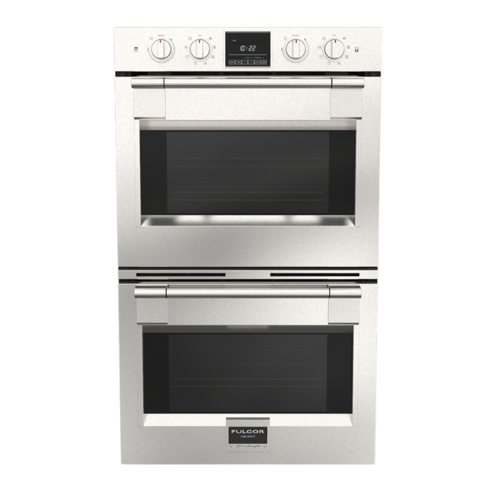 Fulgor Milano 30-Inch Pro Built-In Electric Double Oven, 600 Series, Self-Clean, Dual Convection, Multi-Pass Broiler, Soft-Close Door, 2 Standard Racks, 1 Telescopic Rack, Stainless Steel Finish