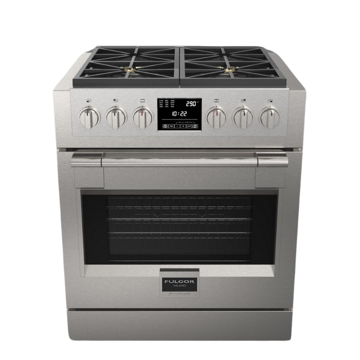 Fulgor Milano Sofia Pro 30-Inch Freestanding Dual Fuel Range, 600 Series, 4 Crescendo Dual Ring Brass Burners, Self-Clean, Soft-Close Door