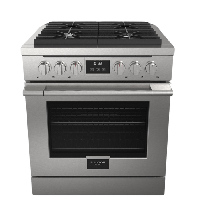 Fulgor Milano Accento Pro 30-Inch Freestanding All-Gas Range, 400 Series, 4 Burners (2 Crescendo Burners + 2 Sealed Burners)