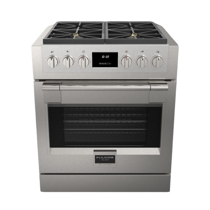 Fulgor Milano Sofia Pro 30-Inch Freestanding All-Gas Range, 600 Series, 4 Crescendo Dual Ring Brass Burners, Soft-Close Door