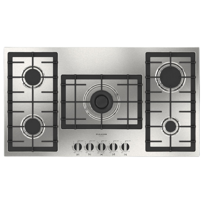 Fulgor Milano 36-Inch Distinto Built-In Gas Cooktop Largo, 400 Series, 4 Burners + Wok, N.A. Version, Stainless Steel - Will Be Discontinued