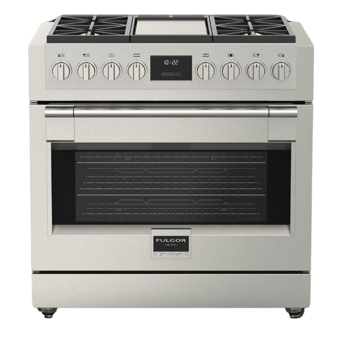 Fulgor Milano Sofia Pro 36-Inch Freestanding All-Gas Range, 600 Series, 4 Crescendo Dual Ring Brass Burners, Gas-Powered Trilaminate Griddle, Soft-Close Door