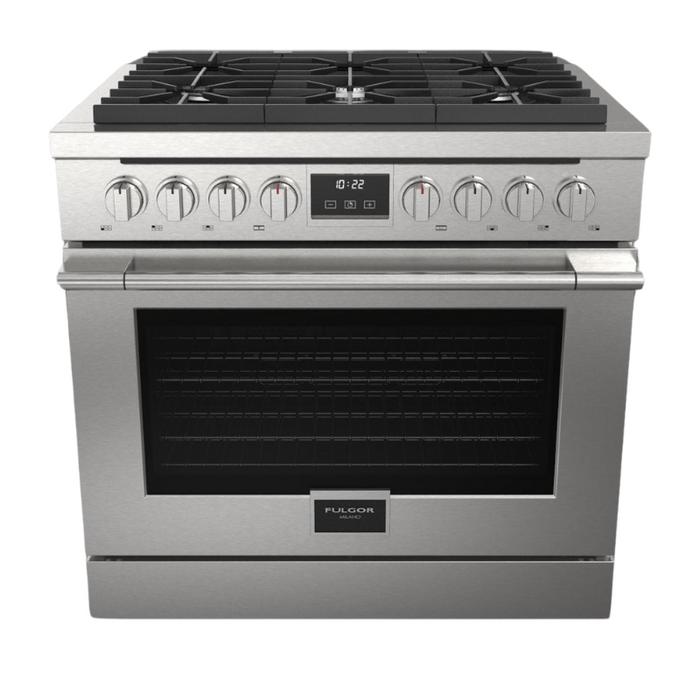 Fulgor Milano Accento Pro 36-Inch Freestanding All-Gas Range, 400 Series, 6 Burners (3 Crescendo Dual Ring Burners + 3 Sealed Burners)