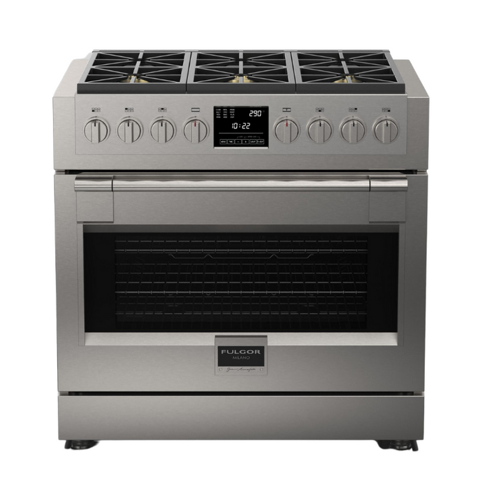 Fulgor Milano Sofia Pro 36-Inch Freestanding Dual Fuel Range, 600 Series, 6 Crescendo Dual Ring Brass Burners, Self-Clean, Soft-Close Door