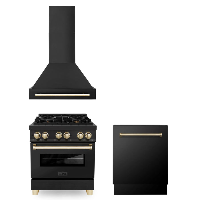 ZLINE Autograph Edition 30", 36", & 48" Black Stainless Steel Dual Fuel Range, Convertible Vent Range Hood, and Dishwasher Kitchen Package with Polished Gold Accents