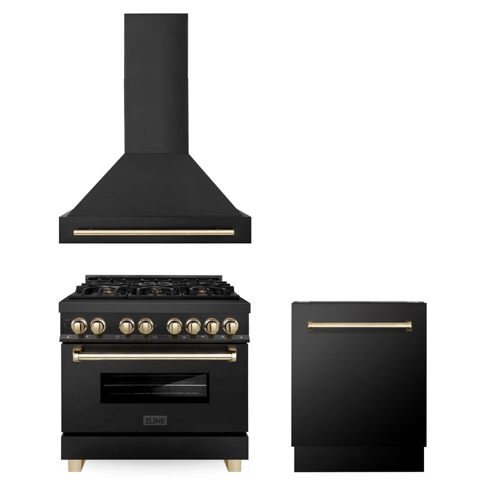 ZLINE Autograph Edition 30", 36", & 48" Black Stainless Steel Dual Fuel Range, Convertible Vent Range Hood, and Dishwasher Kitchen Package with Polished Gold Accents