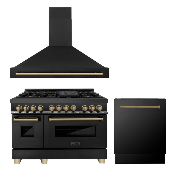 ZLINE Autograph Edition 30", 36", & 48" Black Stainless Steel Dual Fuel Range, Convertible Vent Range Hood, and Dishwasher Kitchen Package with Polished Gold Accents
