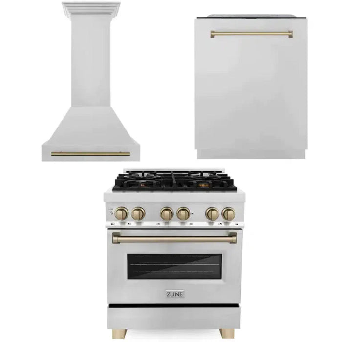 ZLINE Autograph Edition 30", 36", & 48" Stainless Steel Dual Fuel Range, Convertible Vent Range Hood, and Dishwasher Kitchen Package with Champagne Bronze Accents