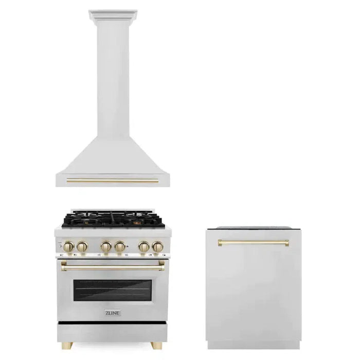 ZLINE Autograph Edition 30", 36", & 48" Stainless Steel Dual Fuel Range, Convertible Vent Wall Mount Range Hood, and Dishwasher Kitchen Package with Polished Gold Accents