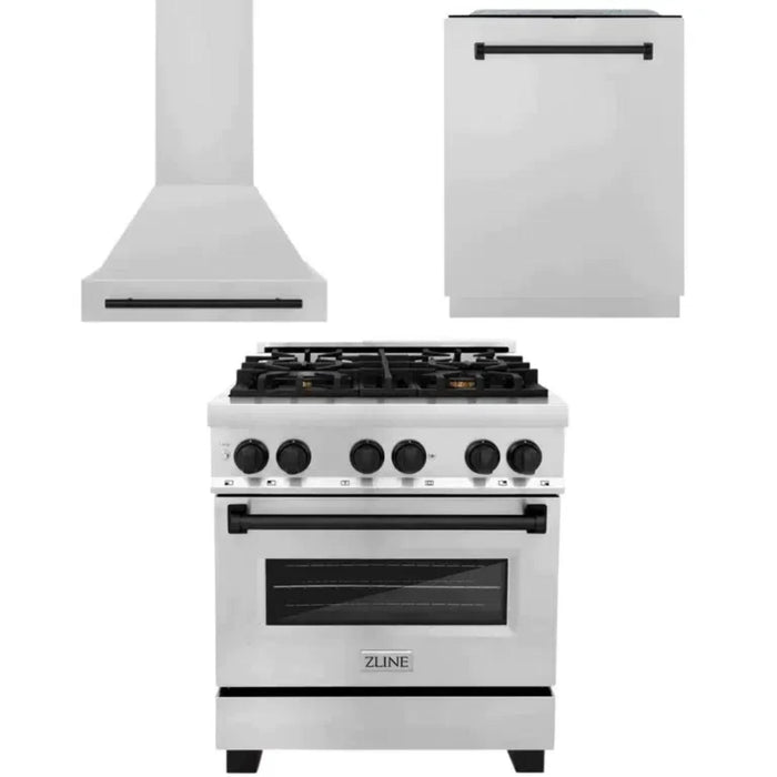 ZLINE Autograph Edition 30" & 48" Stainless Steel Dual Fuel Range, Convertible Vent Range Hood, and Dishwasher Kitchen Package with Matte Black Accents