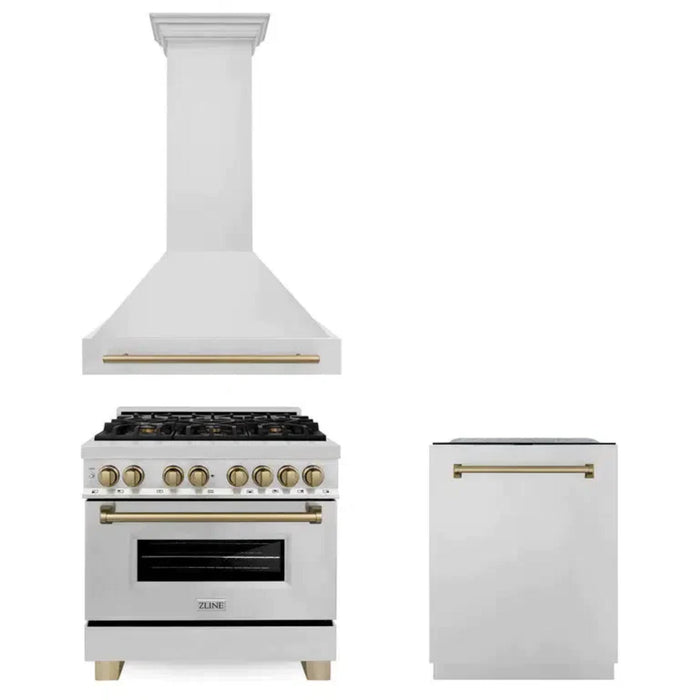 ZLINE Autograph Edition 30", 36", & 48" Stainless Steel Dual Fuel Range, Convertible Vent Range Hood, and Dishwasher Kitchen Package with Champagne Bronze Accents