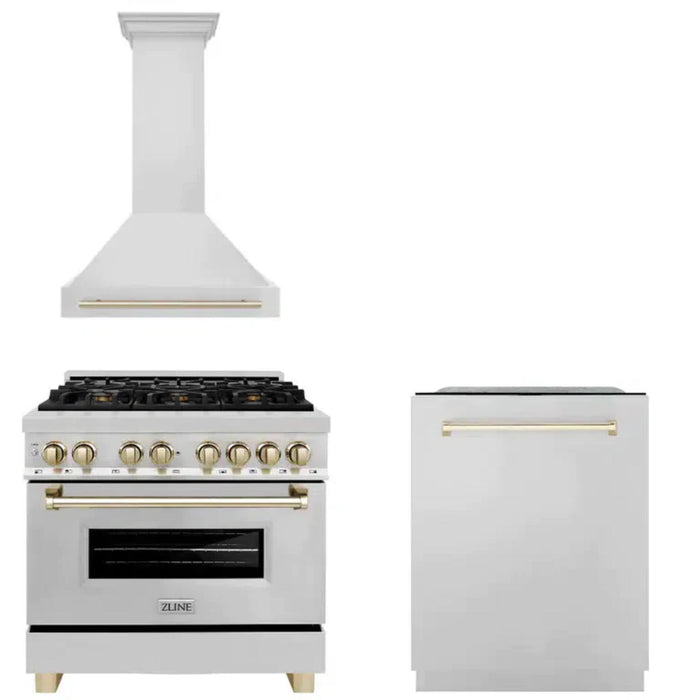 ZLINE Autograph Edition 30", 36", & 48" Stainless Steel Dual Fuel Range, Convertible Vent Wall Mount Range Hood, and Dishwasher Kitchen Package with Polished Gold Accents