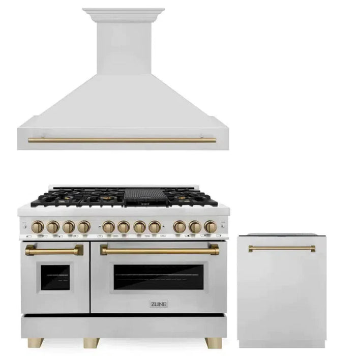 ZLINE Autograph Edition 30", 36", & 48" Stainless Steel Dual Fuel Range, Convertible Vent Range Hood, and Dishwasher Kitchen Package with Champagne Bronze Accents