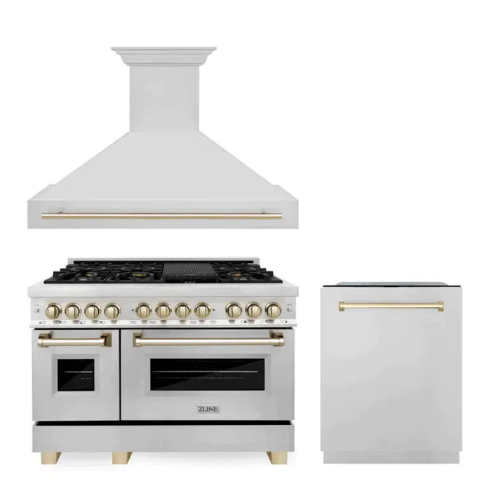 ZLINE Autograph Edition 30", 36", & 48" Stainless Steel Dual Fuel Range, Convertible Vent Wall Mount Range Hood, and Dishwasher Kitchen Package with Polished Gold Accents