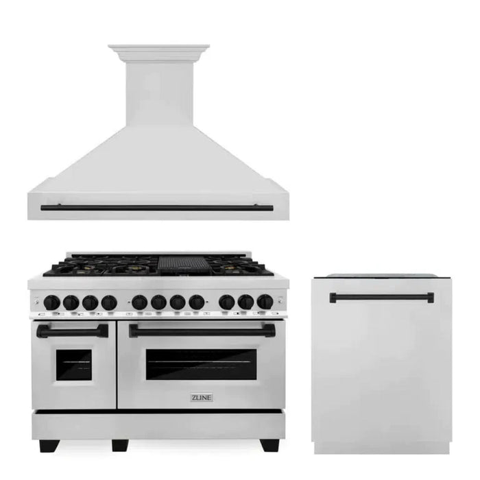 ZLINE Autograph Edition 30" & 48" Stainless Steel Dual Fuel Range, Convertible Vent Range Hood, and Dishwasher Kitchen Package with Matte Black Accents