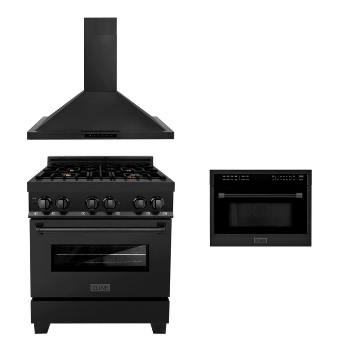 ZLINE 30" Kitchen Package with Black Stainless Steel Dual Fuel Range, Convertible Vent Range Hood, and 24" Microwave Oven