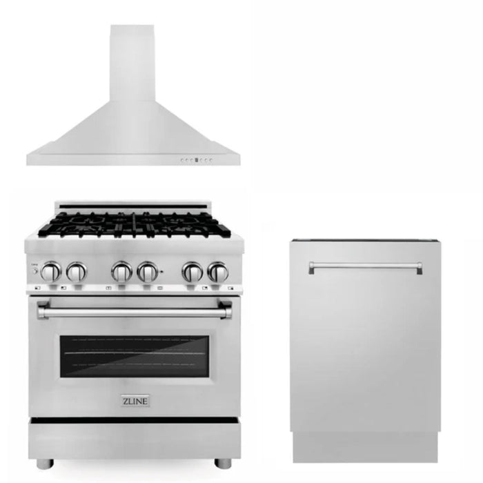 ZLINE 30", 36" & 48" Kitchen Packages with Stainless Steel Dual Fuel Range, Convertible Vent Range Hood, and Dishwasher