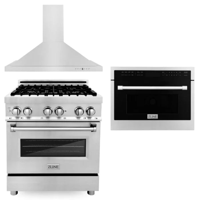 ZLINE 30" & 36" Kitchen Packages with Stainless Steel Dual Fuel Range, Convertible Vent Range Hood, and 24" Microwave Oven