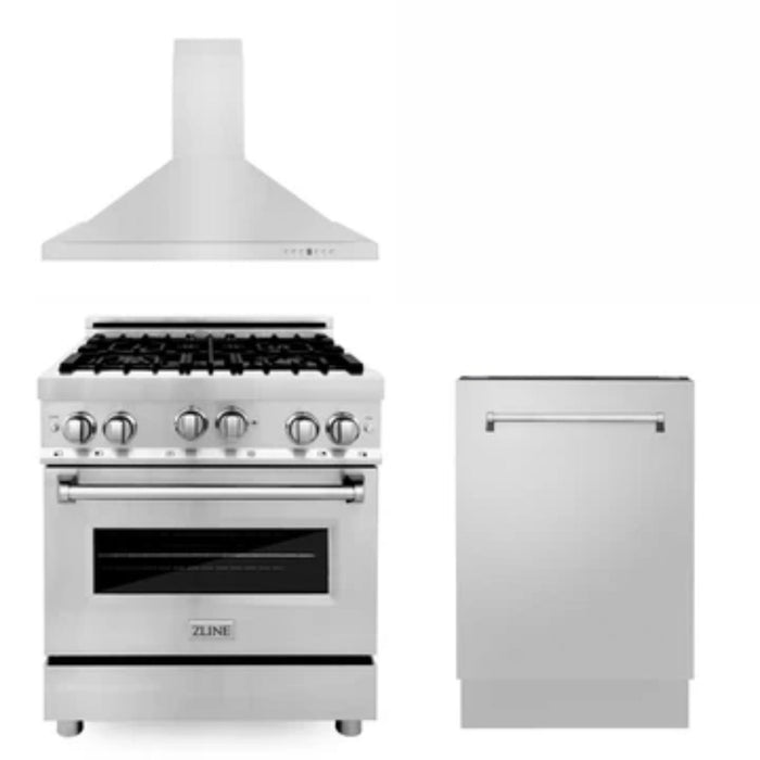 ZLINE 30" & 36" Kitchen Packages with Black Stainless Steel Gas Range, Convertible Vent Range Hood, and 3-Rack Dishwasher