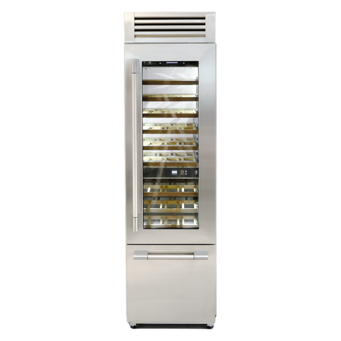 Fulgor Milano 24-Inch Pro Wine/Freezer, 700 Series, RH, Stainless Cladded Top Compressor Unit, Pro Badge, Handle, Single Convertible Bottom Drawer, 3 Temp Zones, White Interior, No Ice Maker
