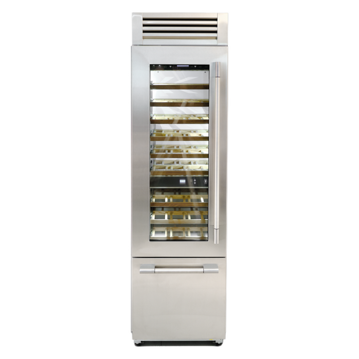 Fulgor Milano 24-Inch Pro Wine/Freezer, 700 Series, LH, Stainless Cladded Top Compressor Unit, Pro Badge, Handle, Single Convertible Bottom Drawer, 3 Temp Zones, White Interior, No Ice Maker