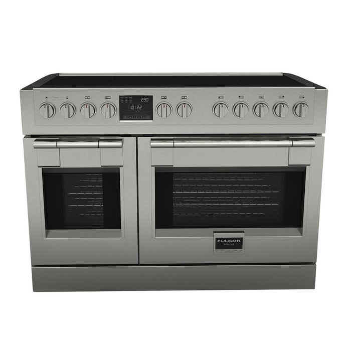 Fulgor Milano Sofia Pro 48-Inch Freestanding Induction Range, 600 Series, 7 Quantum Induction Burners (5 Zones + 2-Zone Bridge), 30-Inch Primary Oven, 18-Inch Companion Oven, Self-Clean, Soft-Close Door