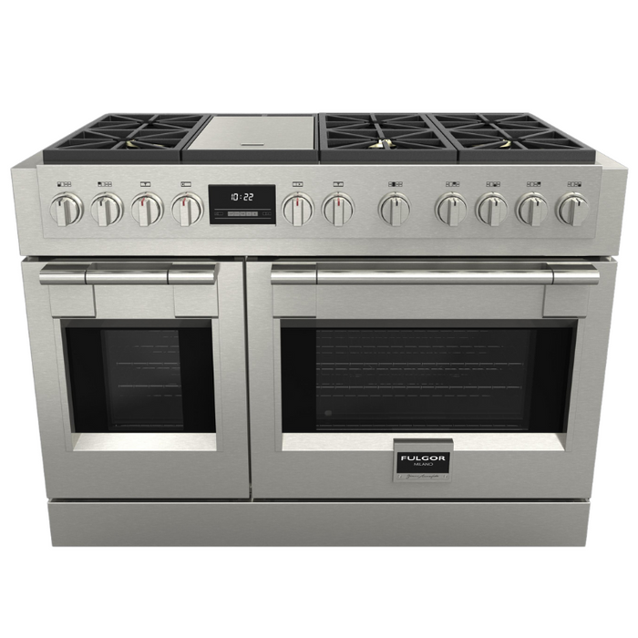Fulgor Milano Sofia Pro 48-Inch Freestanding All-Gas Range, 600 Series, 6 Crescendo Dual Ring Brass Burners, Gas-Powered Trilaminate Griddle, 30-Inch Primary Oven, 18-Inch Companion Oven, Self-Clean, Soft-Close Door