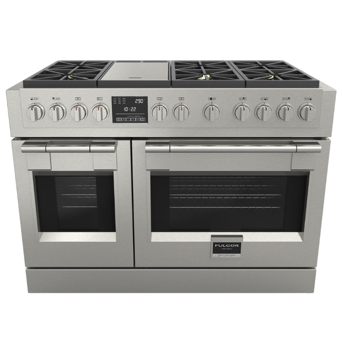 Fulgor Milano Sofia Pro 48-Inch Freestanding Dual Fuel Range, 600 Series, 6 Crescendo Dual Ring Brass Burners, Gas-Powered Trilaminate Griddle, 30-Inch Primary Oven, 18-Inch Companion Oven, Self-Clean, Soft-Close Door
