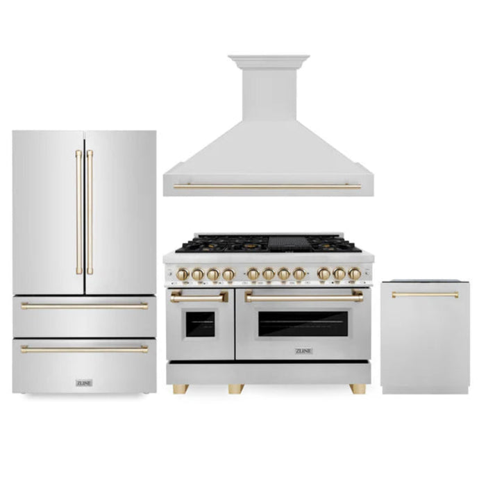 ZLINE Autograph Edition 48" 4-Piece Kitchen Package with Dual Fuel Range, 36" Refrigerator, Wall Mounted Range Hood, and 24" Tall Tub Dishwasher in Stainless Steel with Polished Gold Trim