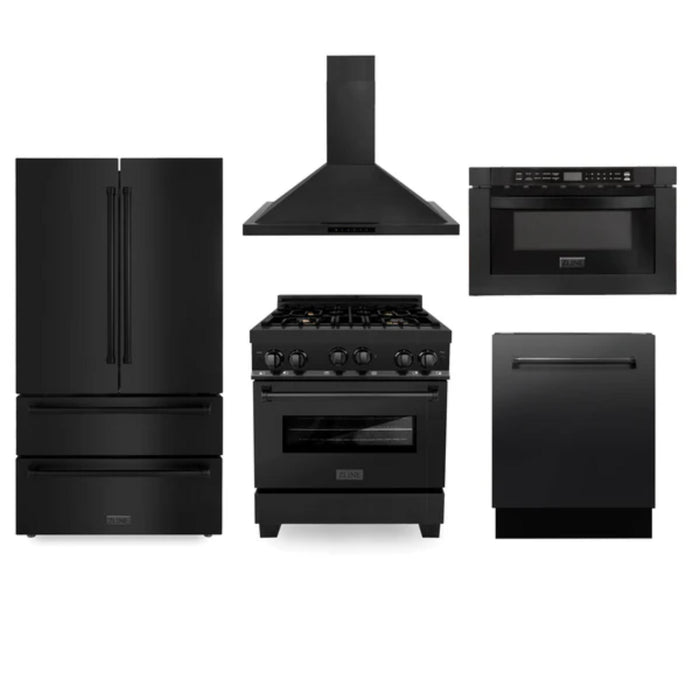 ZLINE 5-Piece Kitchen Appliance Packages with Black Stainless Steel Gas Range, Convertible Vent Wall Mount Range Hood, Microwave Drawer, Tall Tub Dishwasher, and French Door Refrigerator