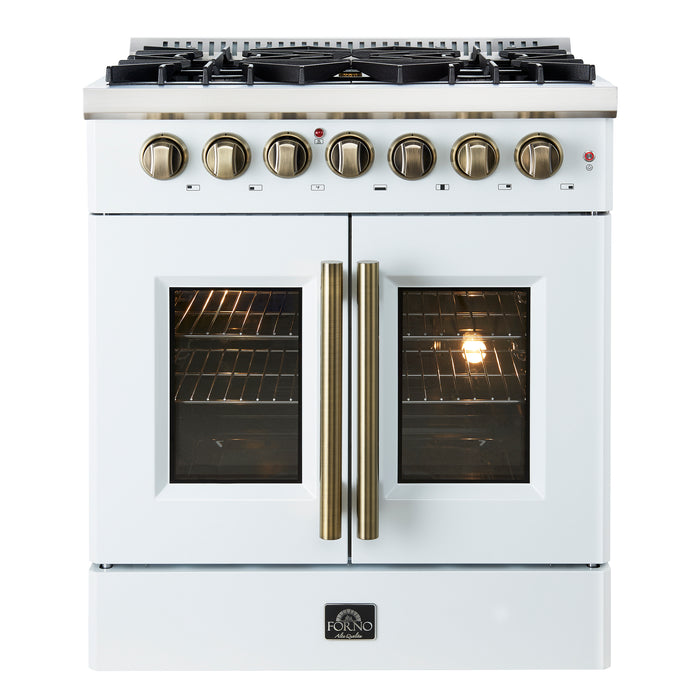 A 30-inch white Freestanding French Door Dual Fuel Range with antique brass knobs and visible convection fan through the oven door.
