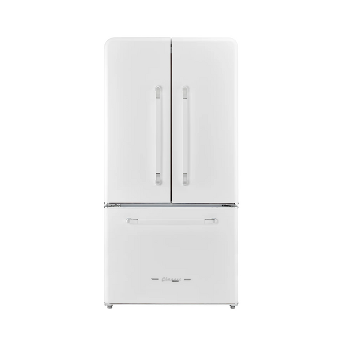A white 36 inch French door refrigerator with a top-mounted fridge and bottom-mounted freezer.