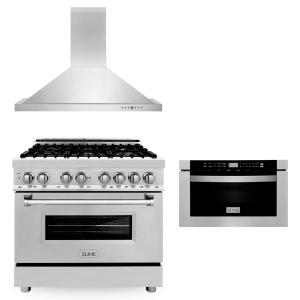 ZLINE 36" & 48" Kitchen Packages with Stainless Steel Dual Fuel Range, Convertible Vent Range Hood, and Microwave Drawer