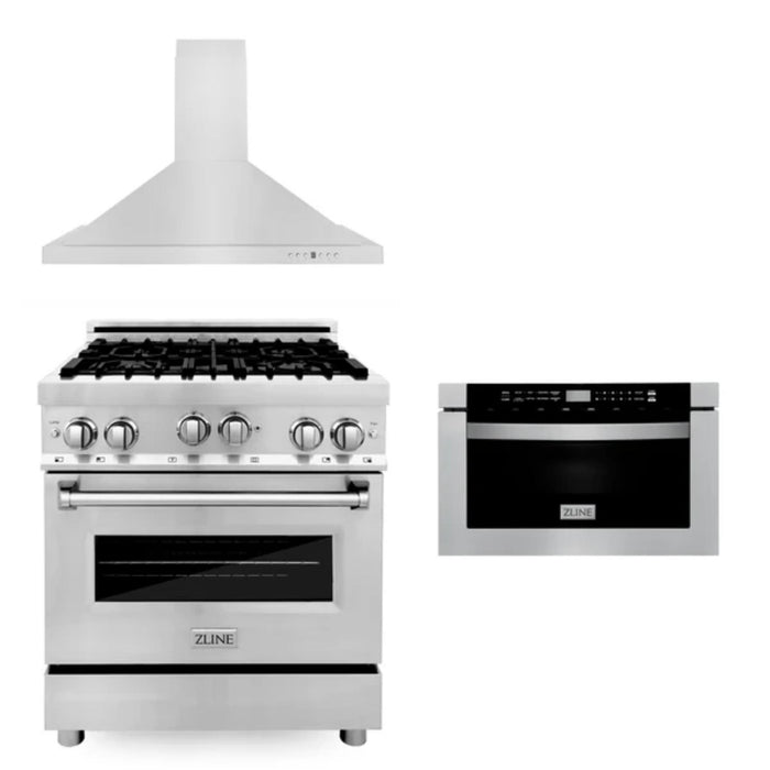 ZLINE 30" & 36" Kitchen Packages with Stainless Steel Gas Range, Convertible Vent Range Hood, and Microwave Drawer
