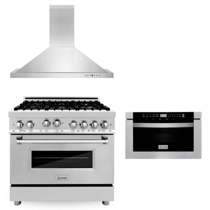 ZLINE 30" & 36" Kitchen Packages with Stainless Steel Gas Range, Convertible Vent Range Hood, and Microwave Drawer