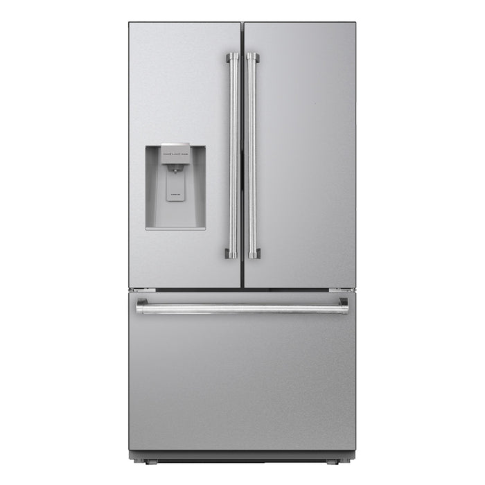 A Kucht KR900X Refrigerator in stainless steel with a French door design, a bottom freezer compartment, and a water and ice dispenser.