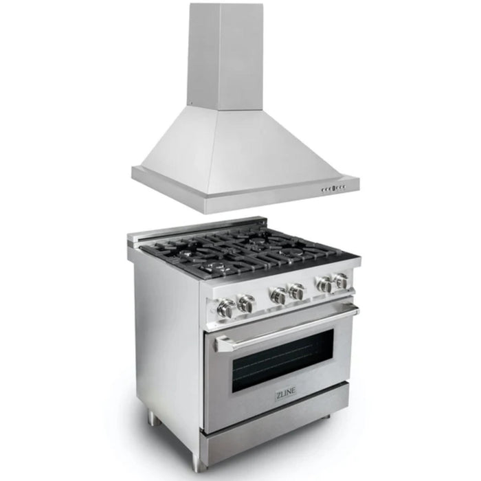ZLINE 2-Piece Kitchen Package: Stainless Steel Dual Fuel Range with Satin Door and Convertible Vent Range Hood